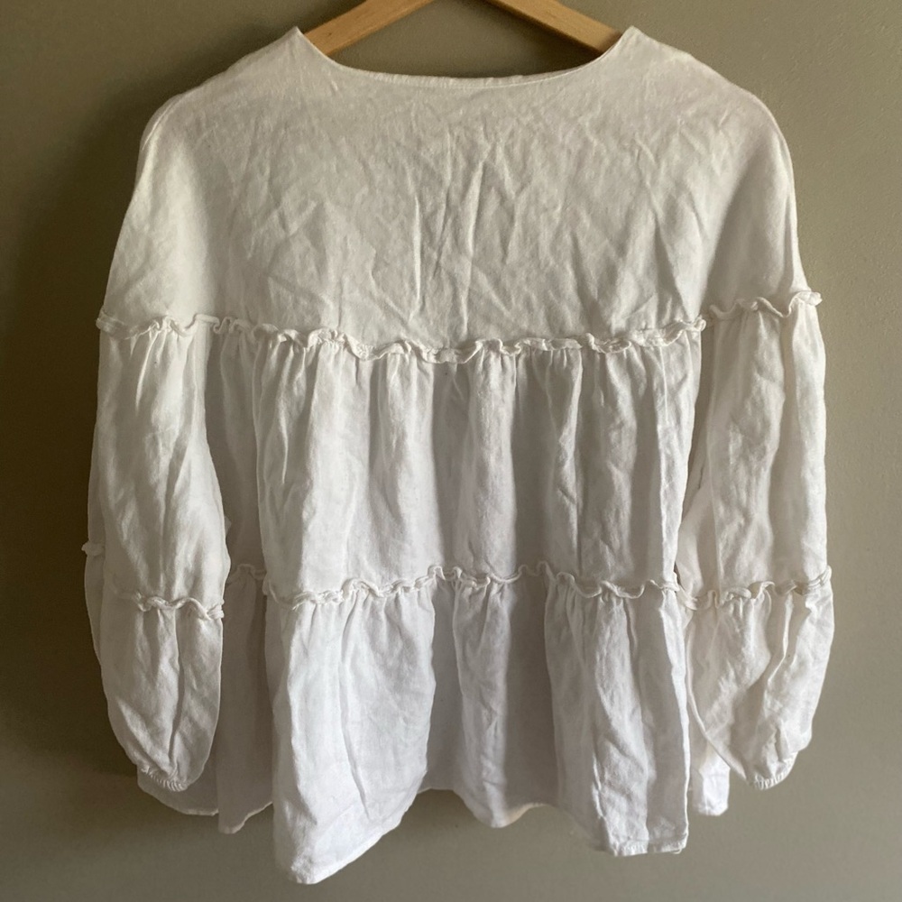 MARC NEW YORK Women Boho Top L‎ White Babydoll Bubble Sleeve Beach Linen Wear - Picture 7 of 8
